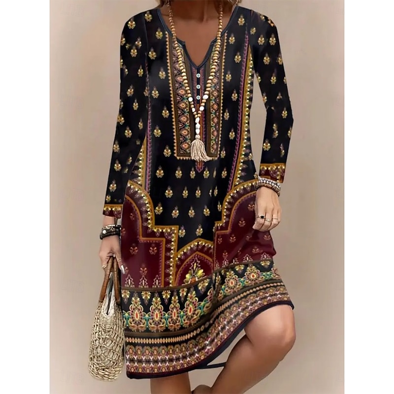 Women's Midi Dress Knit Dress Casual Dress A Line Dress Summer Dress Bohemia Vintage Regular Fit Floral Graphic Long Sleeve V Neck Black Spring Fall Winter