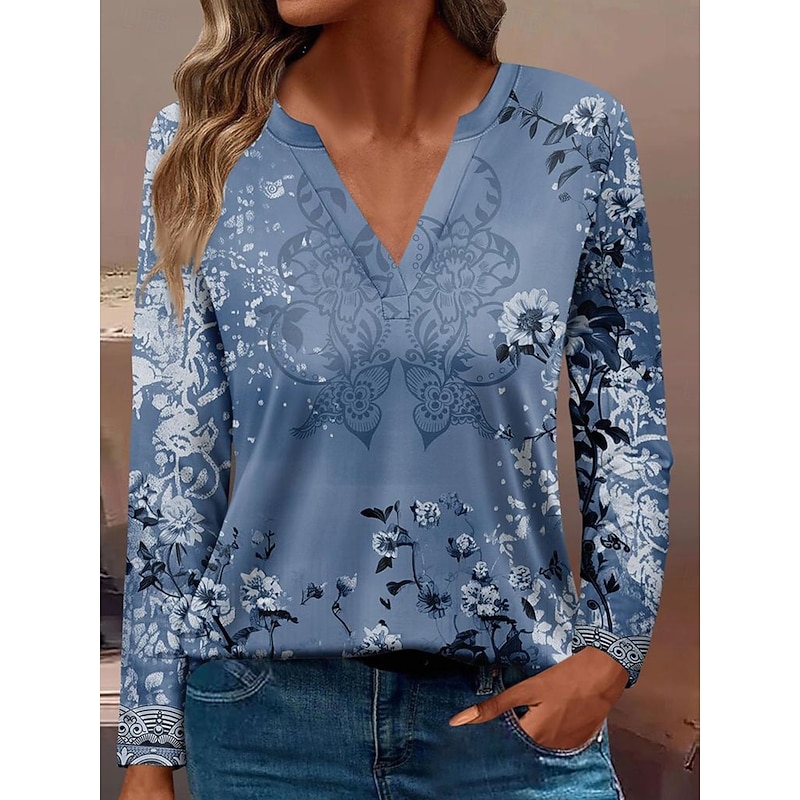 Women's T Shirt Floral Graphic Plants Vintage Stylish Casual Long Sleeve Notched Neck Regular Tops Daily Buttons Print Red Blue Dusty Blue Light Blue Spring Fall2