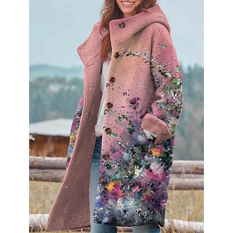 Women's Winter Jacket Fleece Jacket Coat Warm Breathable Pocket Buttons Print Active Daily Casual Floral Vacation Street Daily Single Breasted Long Hoodie Regular Fit Long Sleeve Outerwear Black4