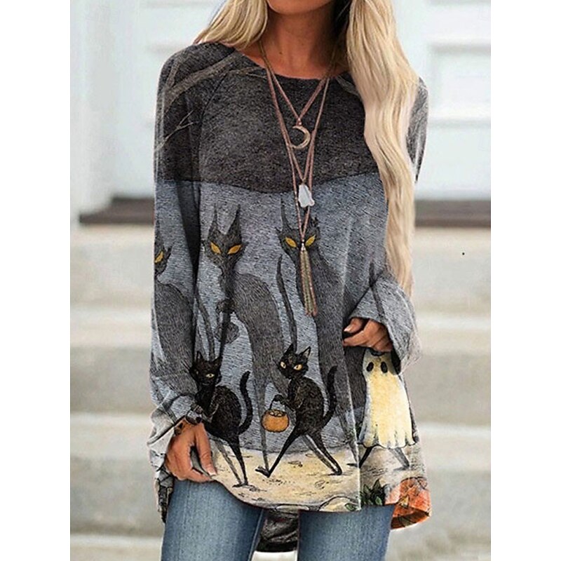 Halloween Women's T shirt Ghost Long Sleeve Graphic Vintage Stylish Classic Long Sleeve Crew Neck Regular Tops Daily Print Blue Orange Green Khaki Spring Fall Prefall2