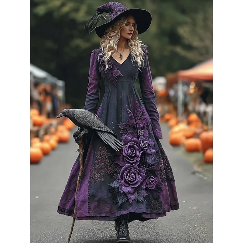 Halloween Women's Witch Print Maxi Dress A Line Dress Vacation Casual Boho Beach Regular Fit Floral Graphic Long Sleeve V Neck Deep Purple Black Pink Wine Spring Fall
