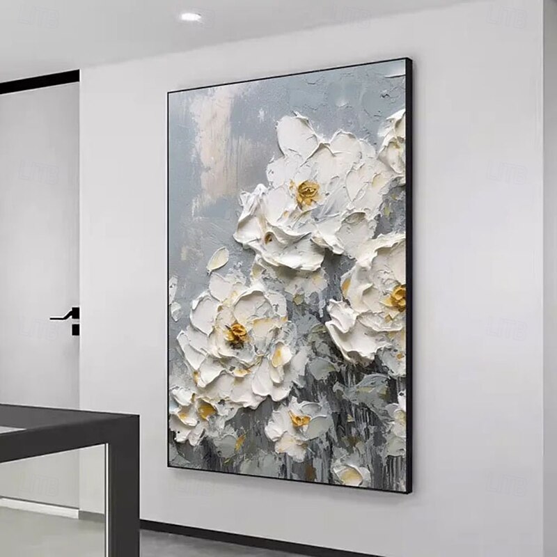 Handmade 3D white flower Oil Painting featuring Vibrant Floral Composition with White Peonies Showcasing Exquisite Impasto Technique and Rich Color Palette Perfect for Elegant Home Decor4