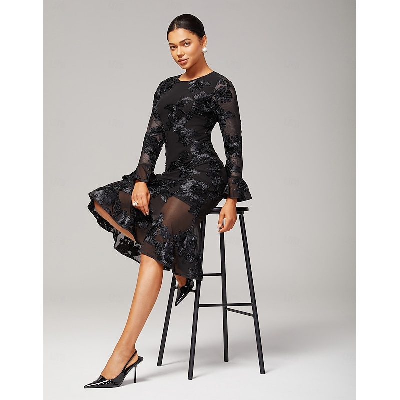 Women's Black Dress Party Dress Cocktail Dress Black Long Sleeve Embroidered Embroidery Winter Spring &  Fall Elegant Party Party S M L