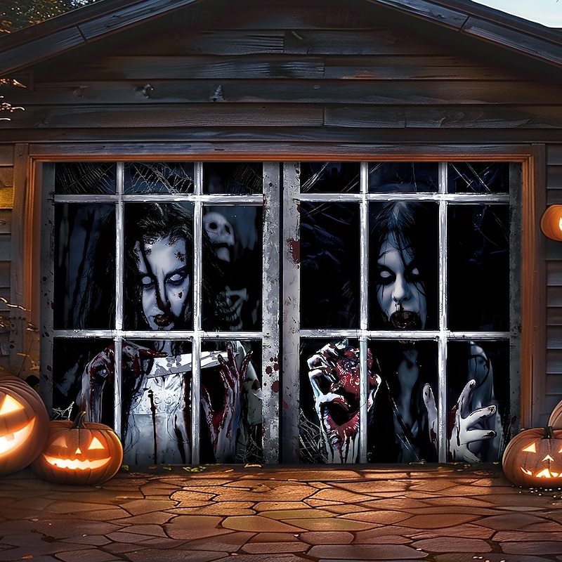Halloween Garage Door Cover Large Hanging Backdrop Ghost Zombie Containment Unit 3D Dark Punk Gothic Style Party Outdoor Shooting Backgrounds Yard Haunted House Home Decor