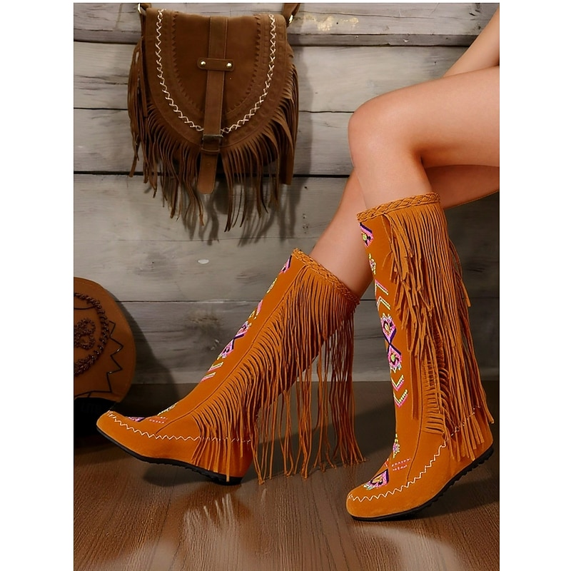 Women's Fringe Embroidered Faux Suede Knee-High Boots, Bohemian Style for Festivals and Casual Wear2