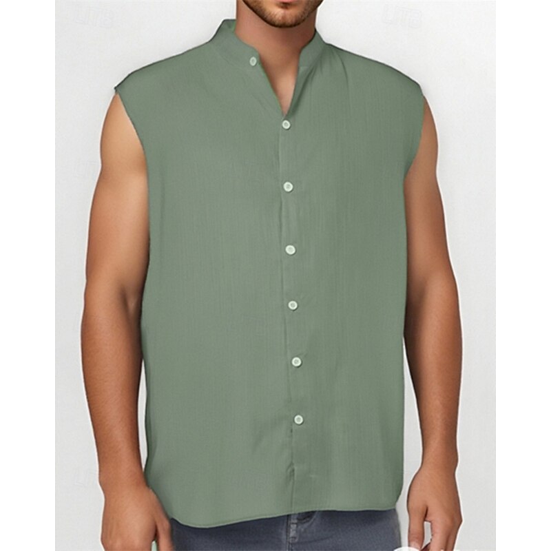 Men's Shirt Summer Shirt Casual Shirt Beach Shirt Button Up Shirt Black Light Green Pink Red Green Sleeveless Plain Band Collar Vacation Hawaiian Clothing Apparel Polyester Fashion Casual Comfortable