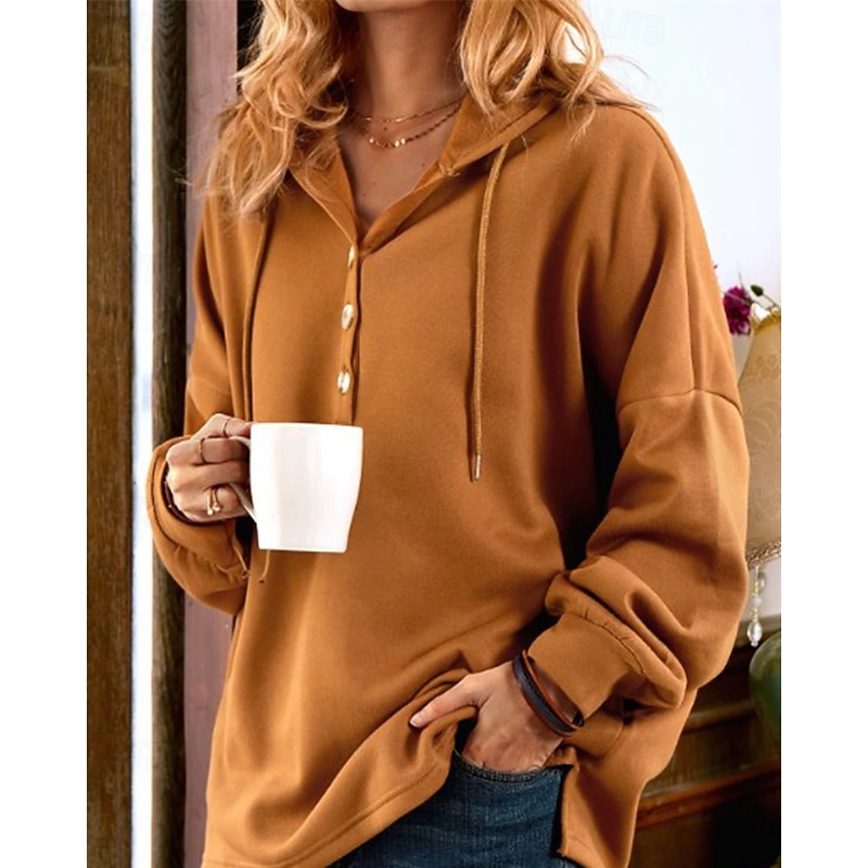 Women's Pullover Hoodie Sweatshirt Plain Streetwear Casual Long Sleeve Hooded Regular Tops Street Holiday Buttons Black Blue Fuchsia Brown Green Fall Winter2