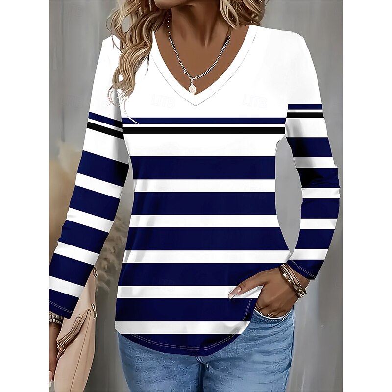 Women's T Shirt Graphic Geometric Striped Vintage Stylish Classic Long Sleeve V Neck Regular Tops Daily Print Navy Blue Spring Fall Winter