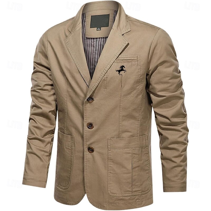 Men's Horse Print Cotton Suit Jacket Suits Coat Blazer Casual Outdoor Dailywear Long Sleeve Notch Lapel Collar Outwear Pockets Button Down Stripe Lined Suit Jacket Fall Winter Black khaki Army Green