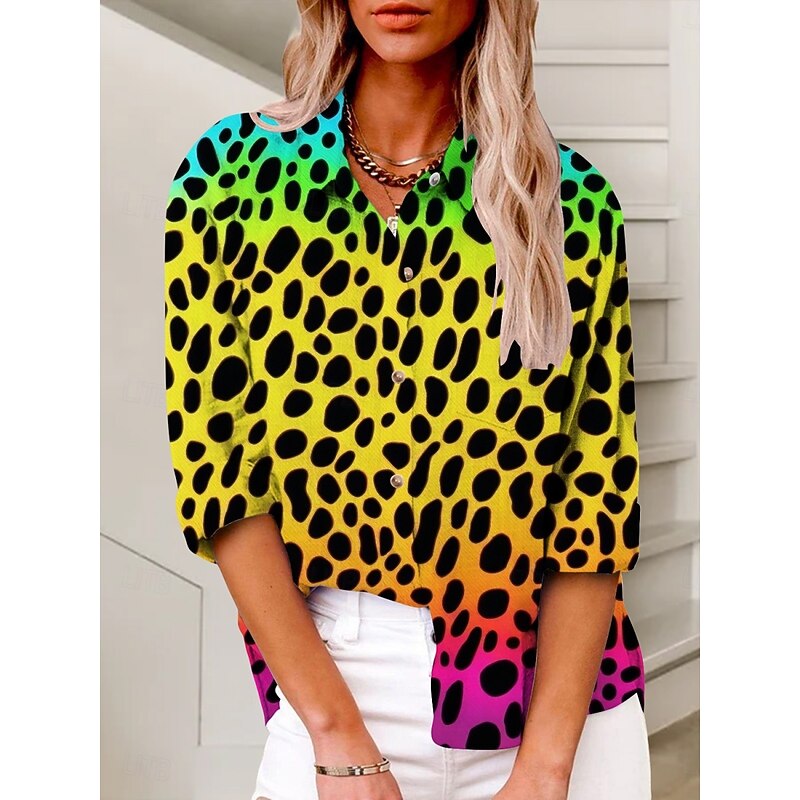 Women's Shirt Leopard Active Daily Stylish Long Sleeve Shirt Collar Regular Tops Daily Holiday Buttons Print Yellow Blue Green Summer Spring Fall2