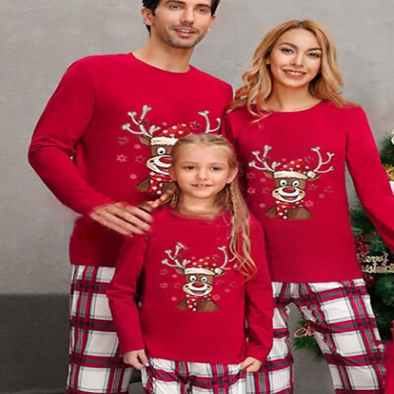 Family Pajamas Plaid Christmas Pattern Home Print Red Long Sleeve Active Matching Outfits3