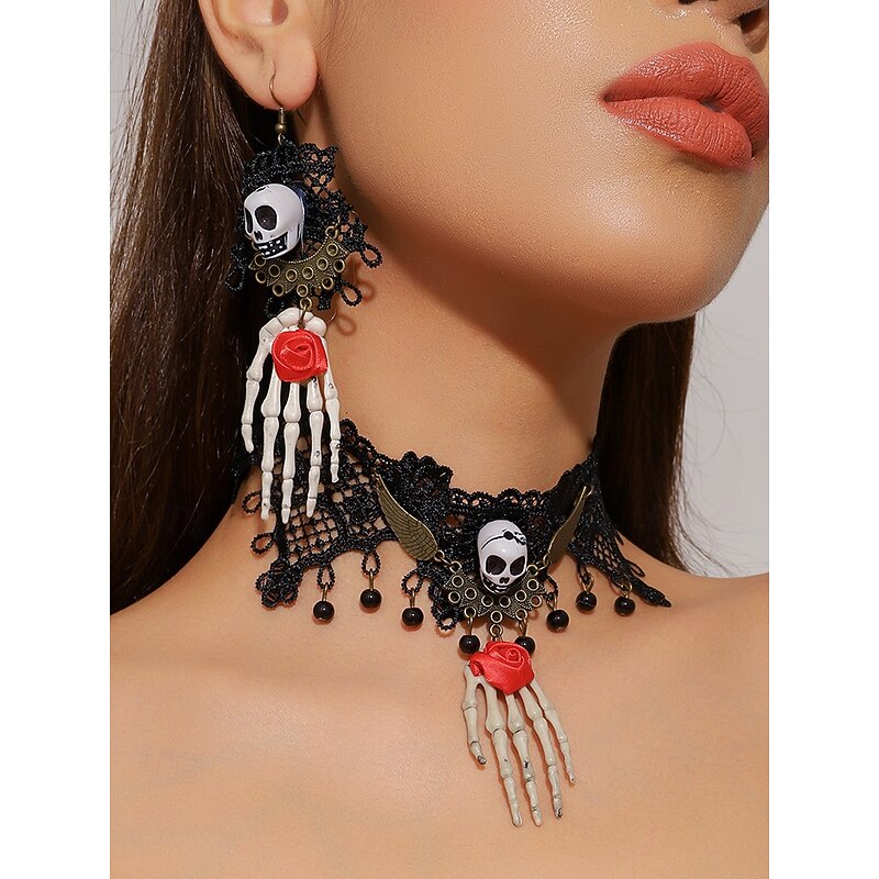 Women's Halloween Gothic Lace Choker Necklace & Skeleton Hand Drop Earrings Set – Skull & Red Rose, Adjustable Alloy Victorian Punk Jewelry for Cosplay, Costume Party, Night Out & Festivals
