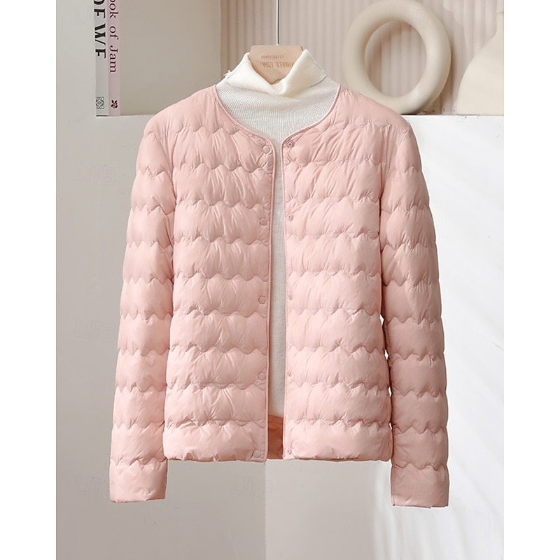 Women's Down Jacket Warm Comfortable Buttons Fashion Plain Going out Weekend Single Breasted Regular Crewneck Regular Fit Long Sleeve Outerwear Light Pink Light Blue White Fall Winter3