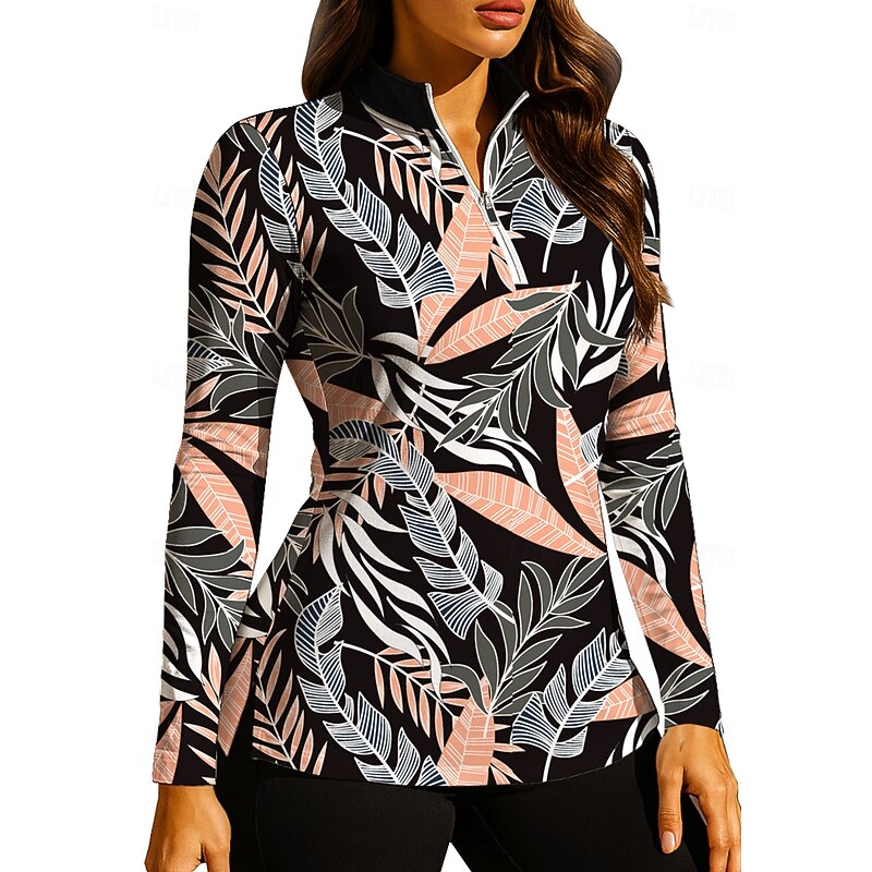Women's Geometric Golf Polo Shirt Tennis Shirt Long Sleeve Print Quarter Zip Pullover UV Protection Elastic Breathable Tennis Golf Pickleball Zip Collar Shirt Polo Black / Orange Tennis Clothing3