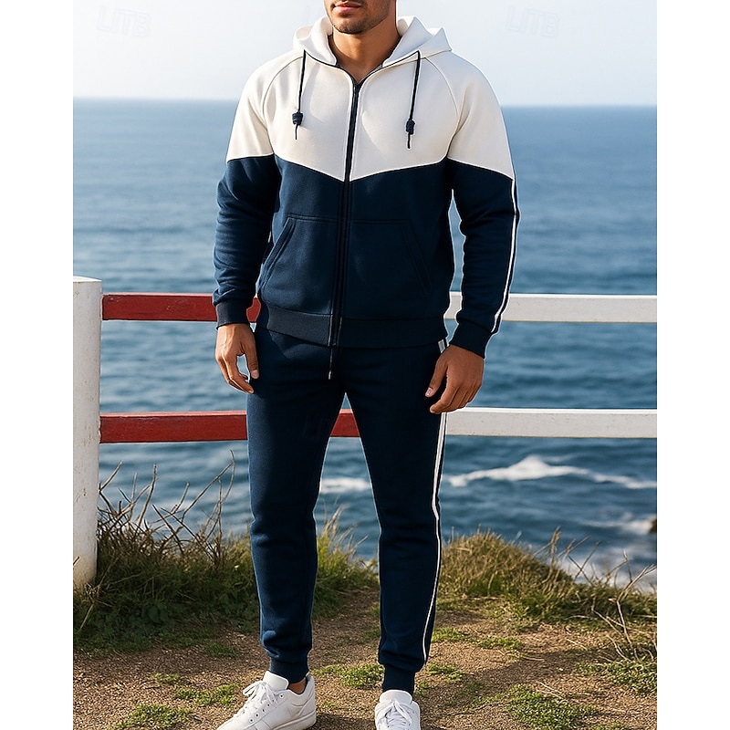 Men's Tracksuit Jogging Suit Sweatsuit Sets Zip Up Hooded Color Block Clothing Suit Fall & Winter Black Army Green Outdoor Travel Sports Long Sleeve Sport Activewear Micro-elastic Regular Fit