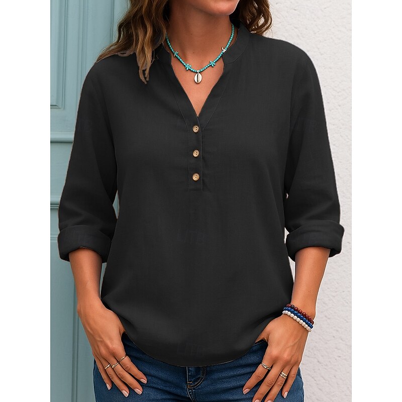 Women's Blouse Solid Color Casual Long Sleeve V Neck Regular Tops Black White Pink Blue Spring Fall2