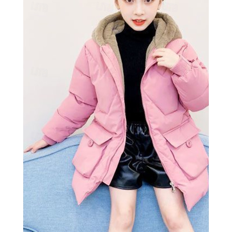 Kids Girls' Down Coat Solid Color Fashion Zipper Pocket School Coat Outerwear 4-12 Years Winter Yellow Pink Red3