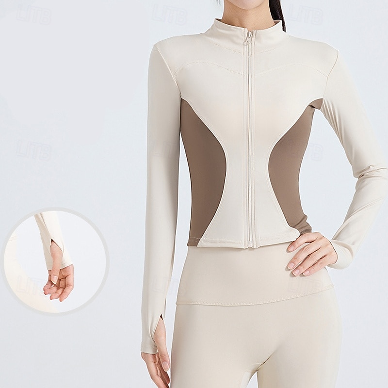 Women's Workout Jacket Lightweight with Thumbholes Long Sleeve Sports Color Block Top For Gym Athletic Running Tight Fit Activewear