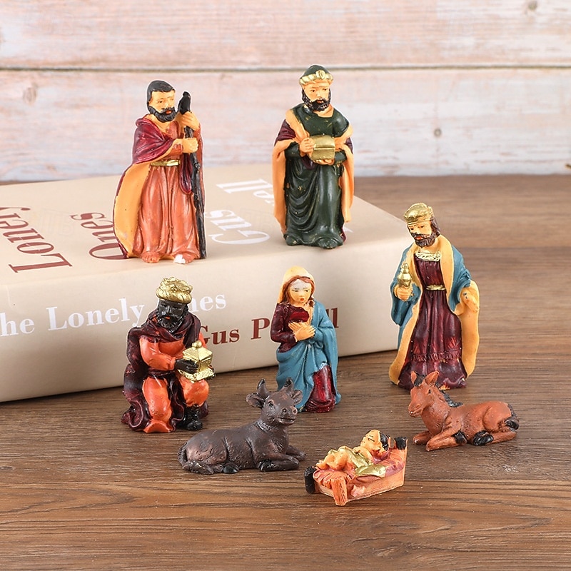 8pcs Christmas Nativity Scene Figurines Set, Resin Holy Family Mary, Joseph, Baby Jesus, Religious Christmas Decor, Nativity Manger Figurines