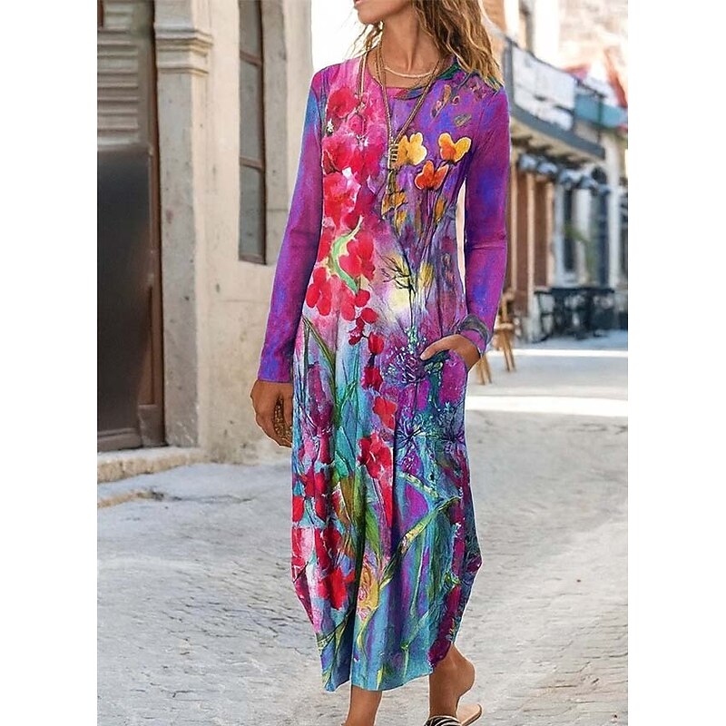 Women's Midi Dress Sheath Dress T Shirt Dress Tee Dress Vacation Casual Daily Regular Fit Floral Graphic Long Sleeve Crew Neck Blue Purple Orange Green Spring Fall Winter Autumn2