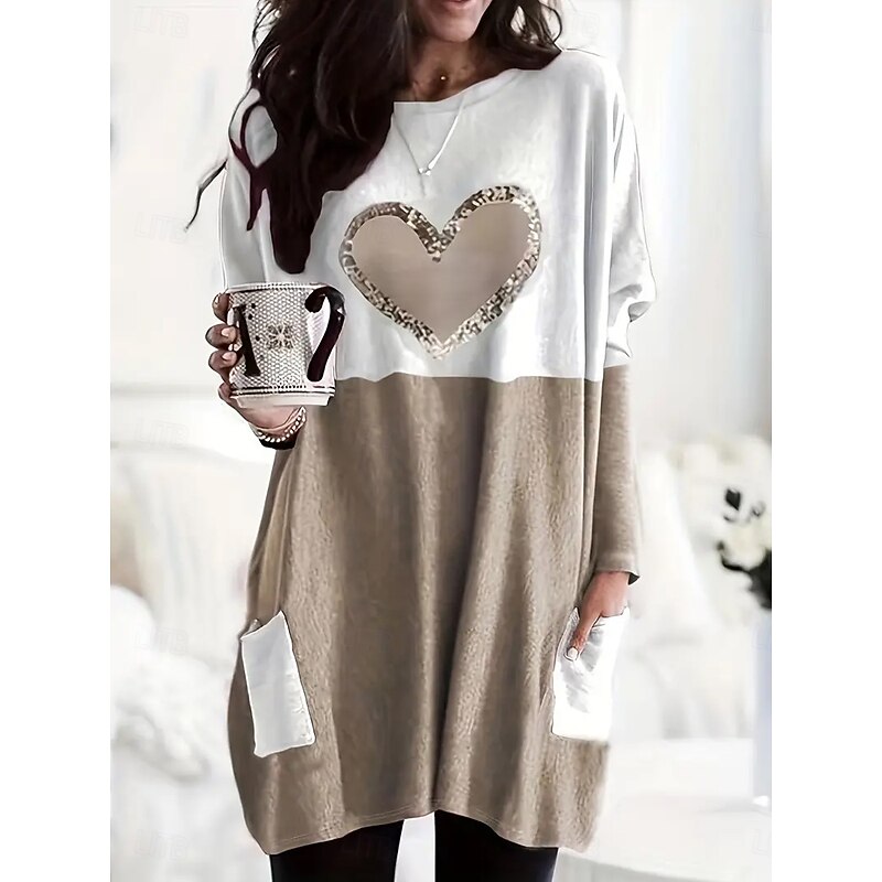 Women's T Shirt Heart Graphic Fashion Long Sleeve Crew Neck Round Neck Long Tops Daily Going out Weekend Pocket Print Pink Blue Khaki Gray Spring Fall2