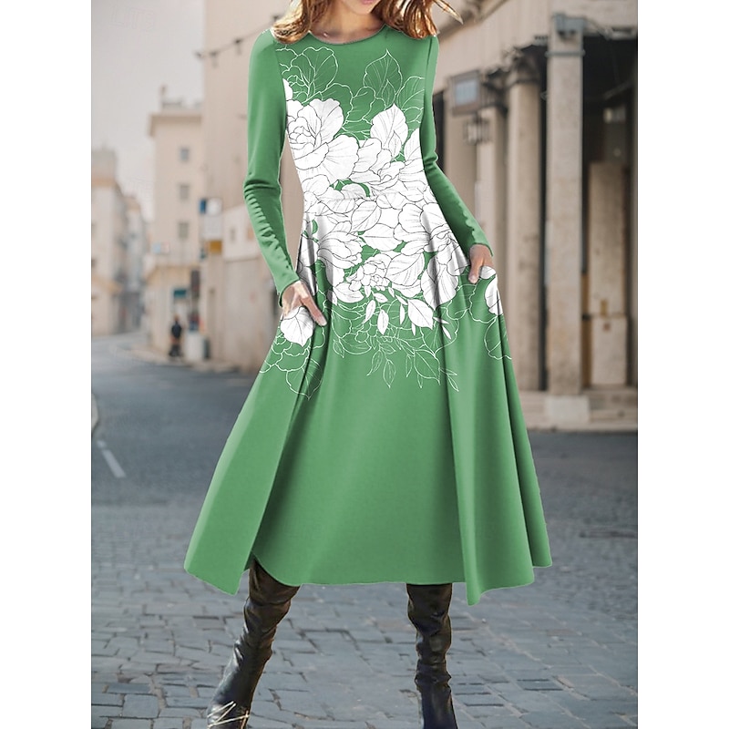 Women's Midi Dress A Line Dress Fit And Flare Dress Vacation Casual Daily Regular Fit Floral Graphic Long Sleeve Crew Neck Yellow Blue Purple Green Spring Fall Winter4