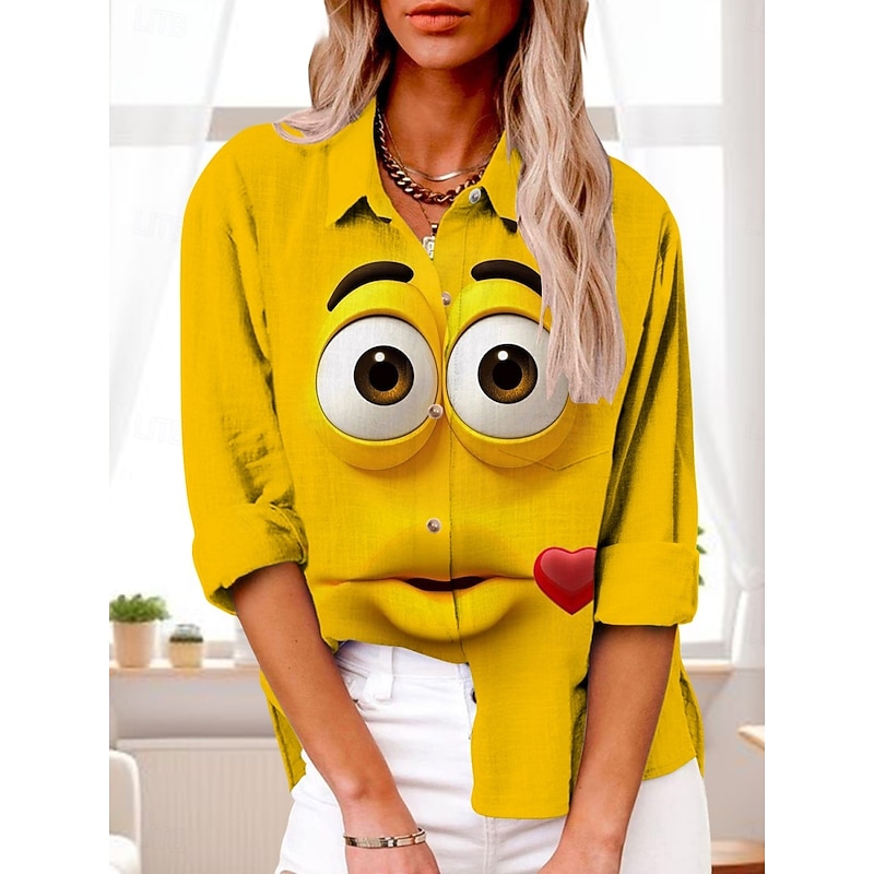 Women's Cartoon Funny Smile Face Shirt Long Sleeve Shirt Collar Regular Tops Daily Holiday Buttons Print Black And White Black Yellow Pink Red Summer Spring Fall