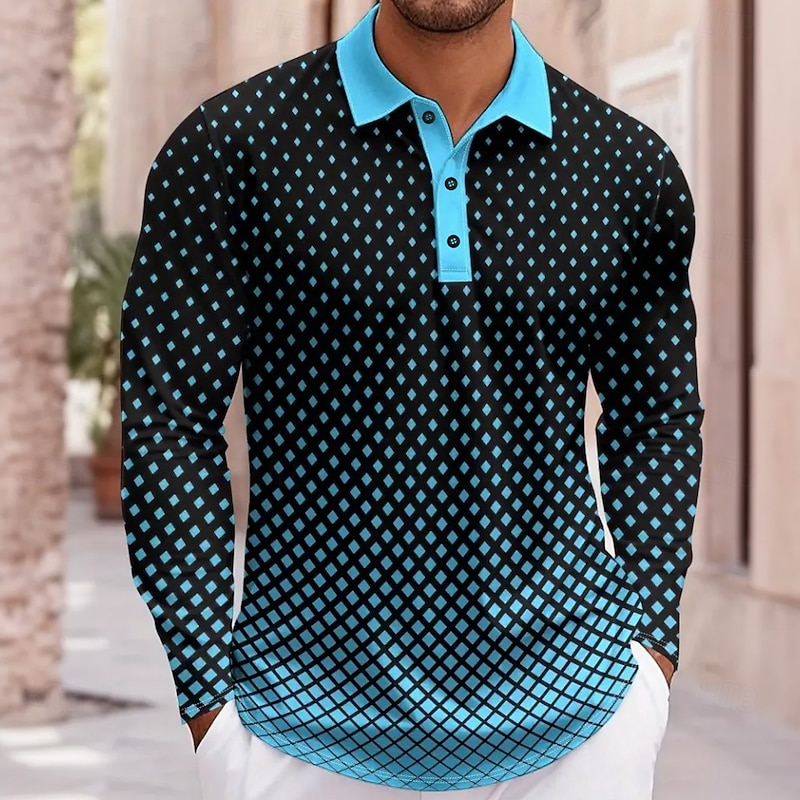 Men's Abstract Geometic Polo Long Sleeve Polo Shirts Lapel Casual Street Athleisure Daily Wear 3D Print Buttons Spring Fall Blue