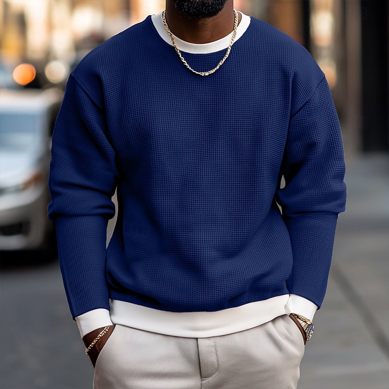 Men's Waffle T-shirt Pullover Sweatshirt Tee Top Long Sleeve Shirt Long Sleeve Crew Neck Fall Spring &  Fall Plain Fashion Designer Basic Layered Fashion Fake two piece Vacation Street Casual Navy