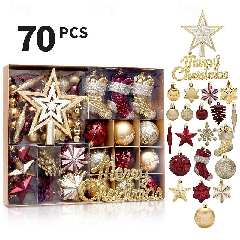 70 pcs Christmas Tree Balls Baubles Ornaments, Xmas Decoration, Painted Red & Gold Balls with Tree Top Star Hanging Set