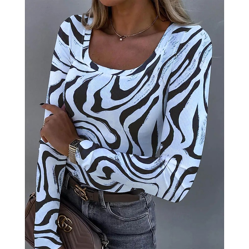 Women's T shirt Long Sleeve Ribbed Graphic Square Neck Long Sleeve Casual Tunic Abstract Zebra Vintage Stylish Regular Tops Daily Print Blue Purple Green Khaki Spring Fall Prefall4