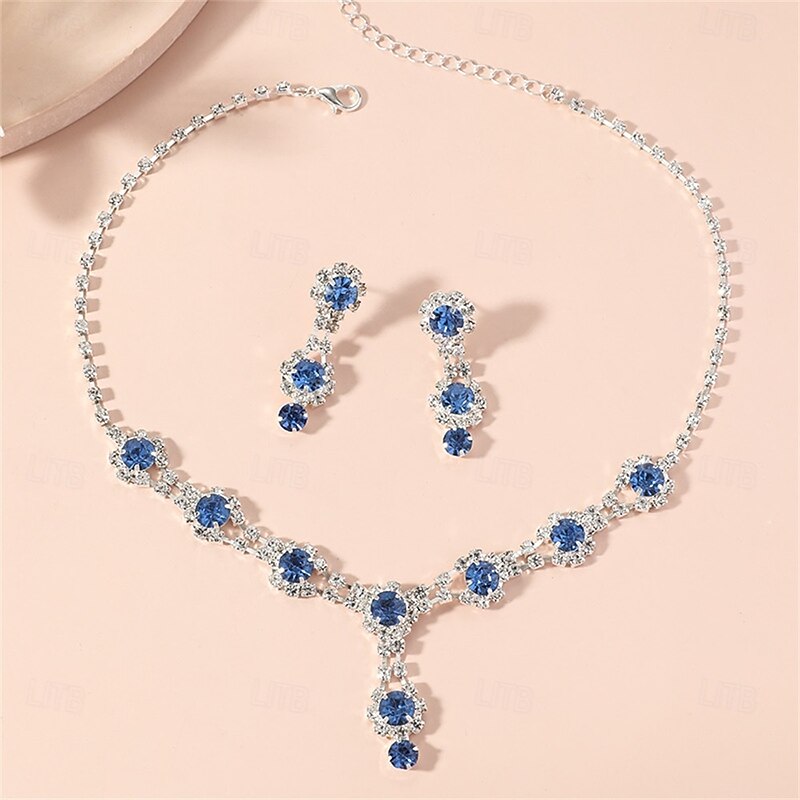 Jewelry Set Two-piece Suit Blue Rhinestone Rhinestone 1 Necklace Earrings Women's Elegant Vintage Fashion Vintage Style Classic Jewelry Set For Wedding Party2