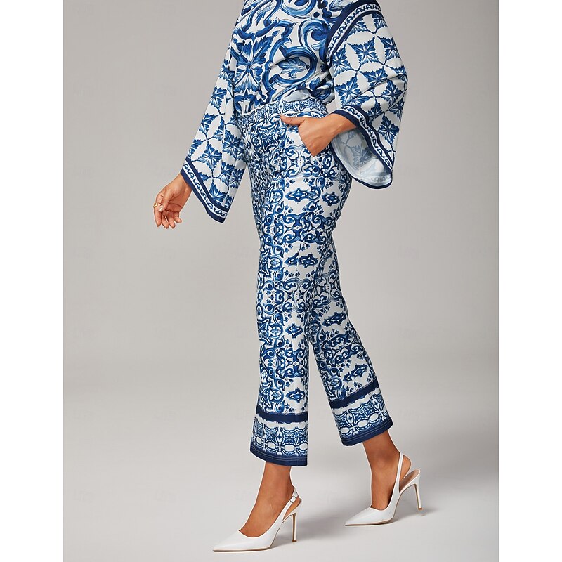 Women's Blue and White Porcelain Print Flare Pants Stretch Fabric Placement Print Elegant Stylish Casual Daily Fall2