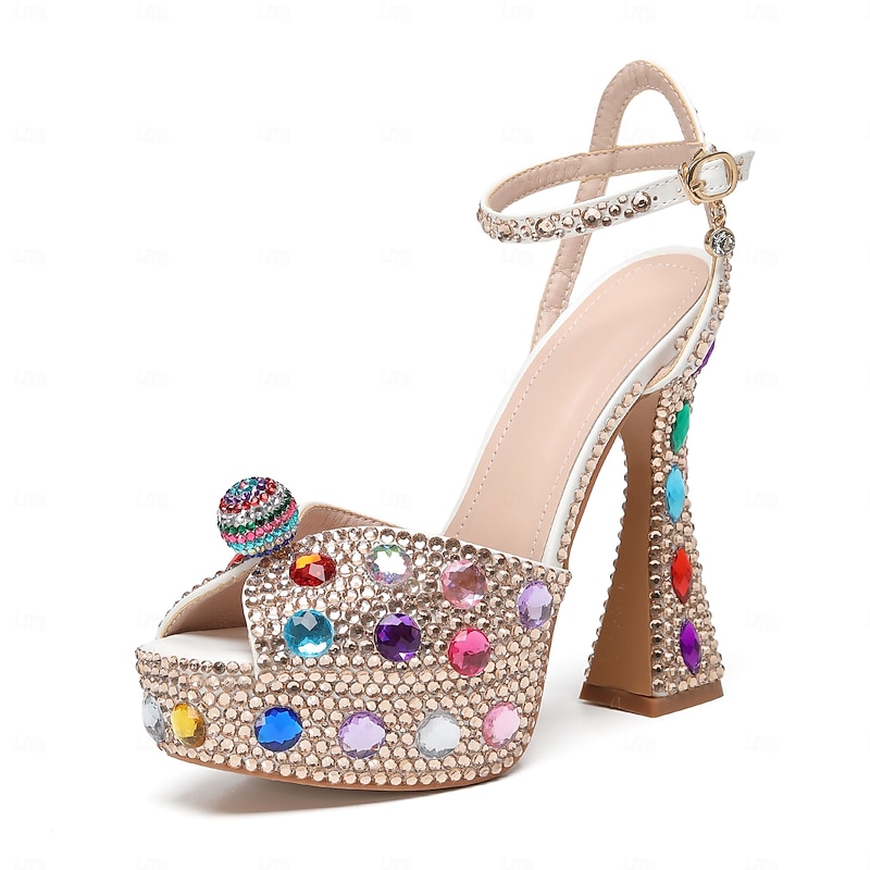 Women's Colorful Rhinestone Platform Sandals – Sparkly Crystal Embellished Ankle Strap Chunky High Heel Shoes for Wedding, Prom, and Party Events