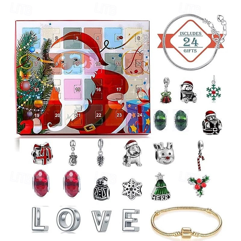 Christmas Advent Calendar DIY Bracelet 24-Day Kids Gift Jewelry Craft Set, DIY Beads & Charms Blind Box, Handmade Love Bracelet Gift for Children