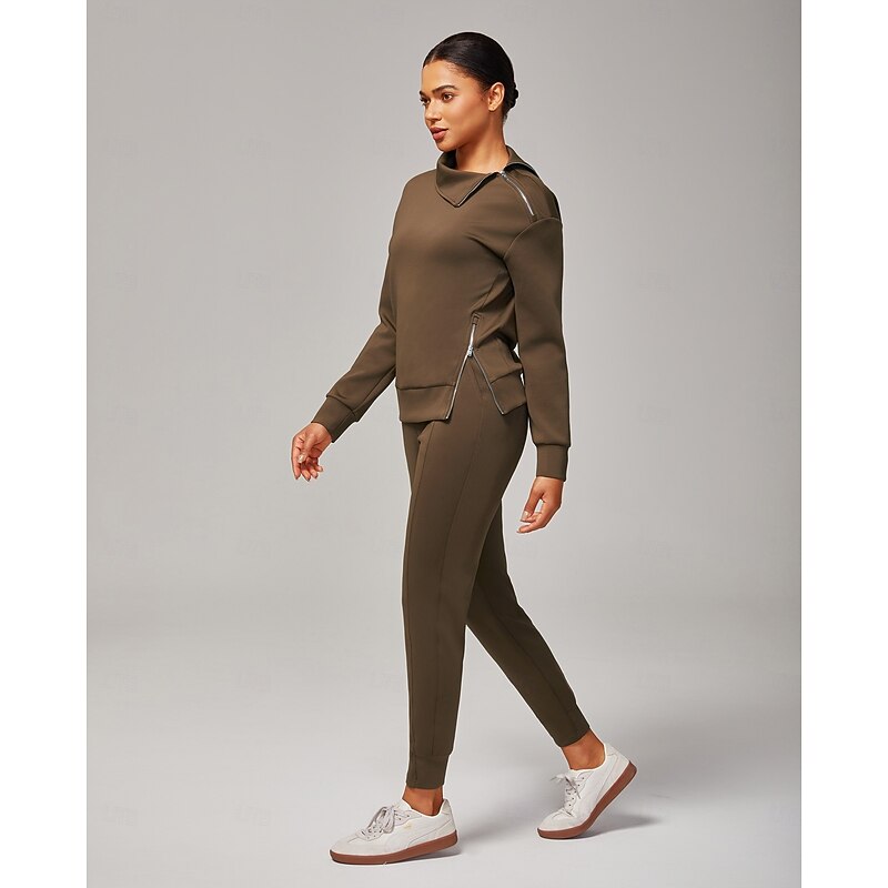 Women's Brown Stretch Knit Zip Slit High Neck Top Tracksuit Jacket Stand Collar Stylish Comfortable Casual Daily Work Versatile Fall2
