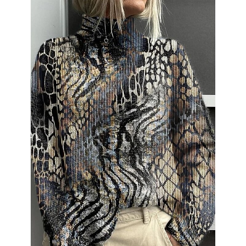 Women's Pullover Vacation Daily Floral Geometric Color Block Ribbed Turtleneck Print Long Sleeve Regular Tops Knit Outdoor Daily Holiday Black Navy Blue Fall Winter3