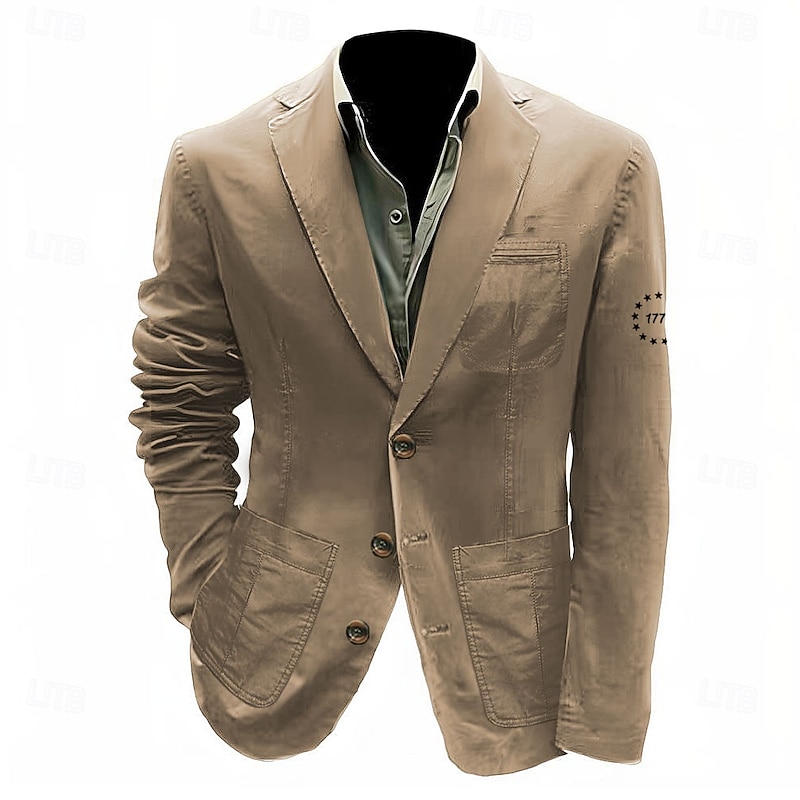 Men's Letter Printed 1776 Blazer Cotton Suit Jacket Suits Coat Casual Outdoor Dailywear Multiple Pockets Three Button Stripe Lined Suit Jacket Fall Winter Notch lapel collar Long Sleeve Black khaki3
