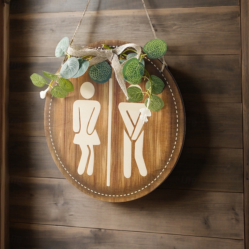 Wooden Bow Leaf Round Bathroom Sign, Decorative Restroom Plaque for Hotels, Malls and Home Washrooms3