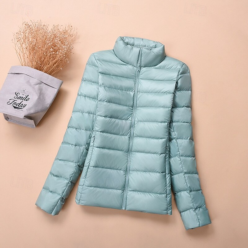 Women's Winter Coat Puffer Jacket Warm Comfortable Zipper Pocket Fashion Plain Street Going out Zipper Regular Stand Collar Regular Fit Long Sleeve Outerwear Light Green Wine Red Fall Winter4