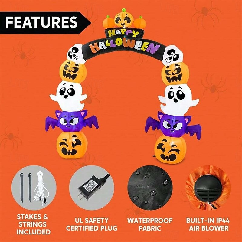 1 Pc 2.5M/8FT Halloween Pumpkin Ghost Luminous Inflatable Air Model Arches Courtyard Doors Entrance Doors Porches Lawn Party Halloween Atmosphere Decorative Lights EU/US/AU/UK Plug3