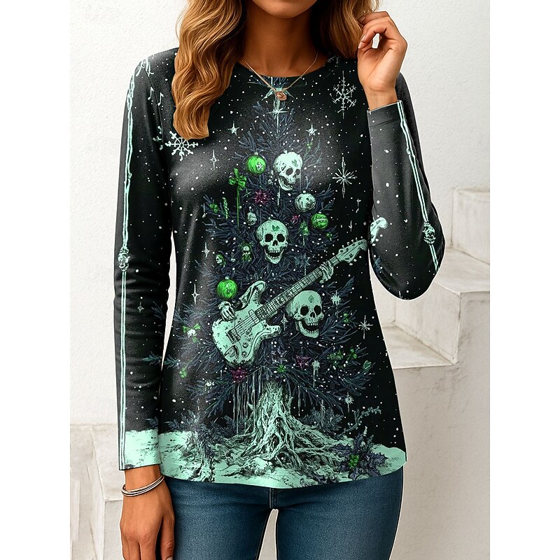 Christmas Women's T Shirt Graphic  Tree Vintage Fashion Stylish Long Sleeve Crew Neck Regular Tops Daily Print Pink Blue Green Beige Fall Winter3