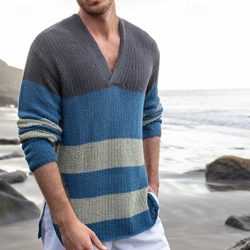 Men's Sweater Pullover Sweater Jumper Ribbed Knit Regular Tops Color Block Knitted Plain V Neck Knitwear Contemporary Casual Daily Wear Clothing Apparel Fall Blue M L XL