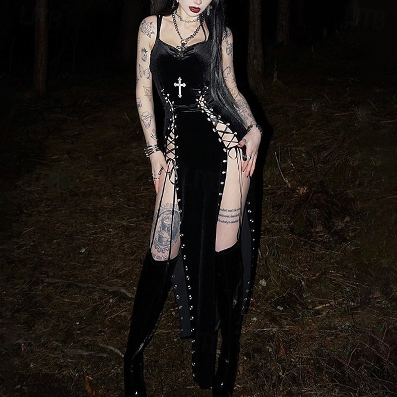 Gothic Maxi Dress Sleeveless Witch Vampire Lace up Velvet Spaghetti Strap Cross Fancy Dress Women's Fantasy Halloween Carnival Performance Party Adults Dress