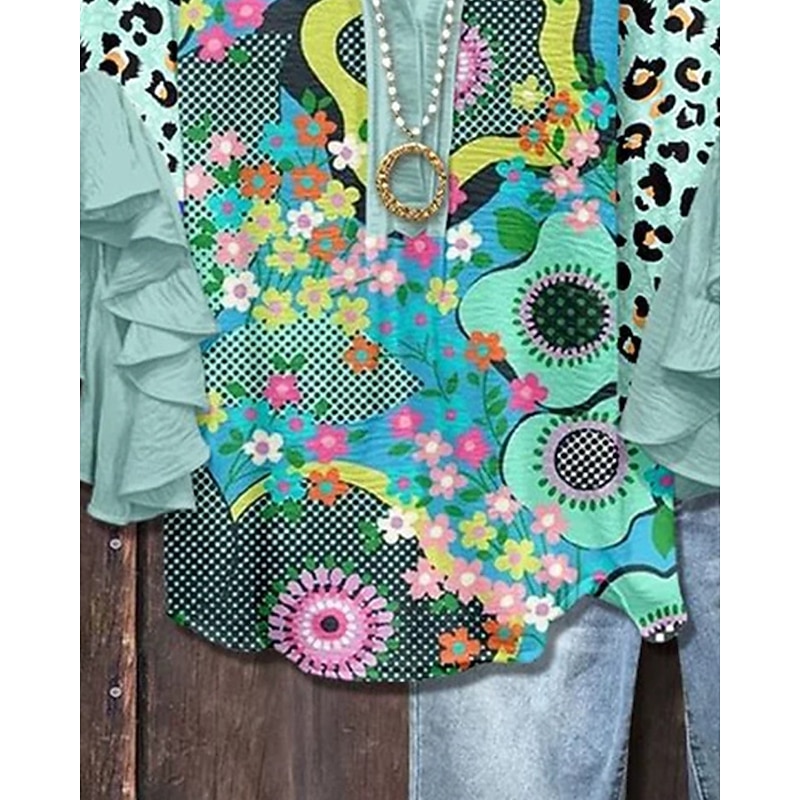 Women's T Shirt Floral Fashion Modern 3/4 Length Sleeve V Neck Regular Tops Daily Ruffle Print Green Summer2