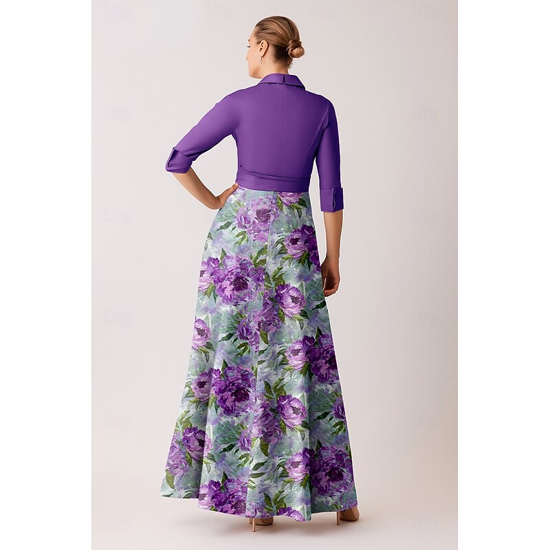 Purple Blue A-Line Mother of the Bride Dress Elegant Bateau Neck Floor Length Pinstripe Long Sleeve with Color Block3