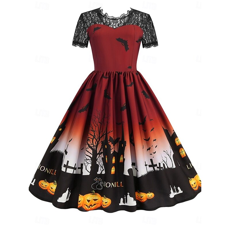 Halloween Women's Castle Print Midi Dress A Line Dress Fit And Flare Dress Casual Daily Holiday Regular Fit Pumpkin Spider web Short Sleeve Crew Neck Black Red Blue Purple Summer Spring Fall