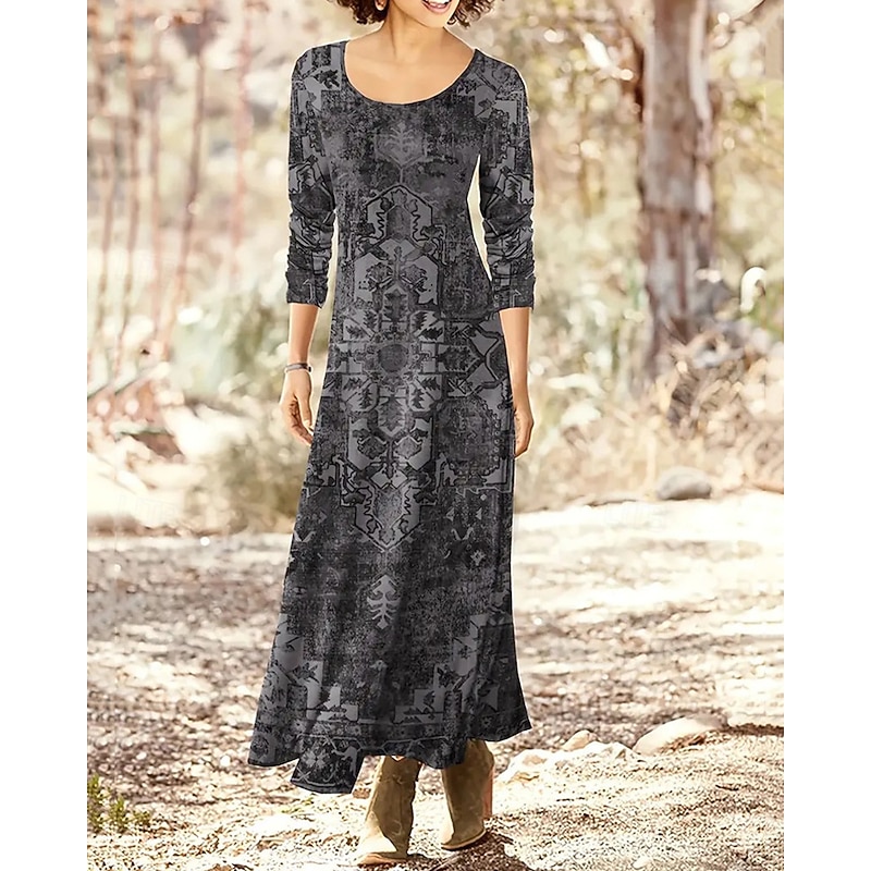 Women's Long Dress Maxi Dress Casual Dress Print Dress Vintage Fashion Daily Date Weekend Regular Fit Flower Long Sleeve Crew Neck Blue Dark Gray Spring Fall