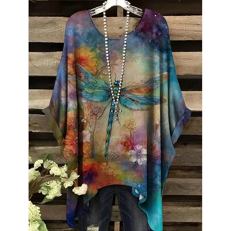 Women's Blouse Graphic Animal Elegant Vintage Daily Half Sleeve Batwing Sleeve Crew Neck Regular Tops Daily Holiday Beach Wear Asymmetric Blue Orange Green Summer Spring4