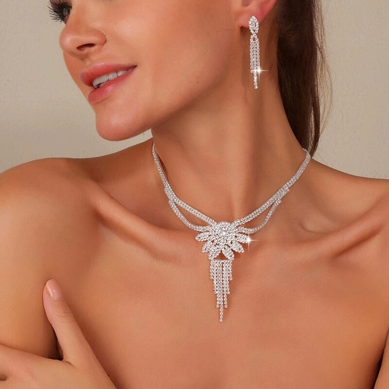 Jewelry Set 3pcs Rhinestone Alloy Earrings Necklace Women's Elegant Vintage Dainty Geometrical Geometric Jewelry Set For Wedding Party Wedding Guest2